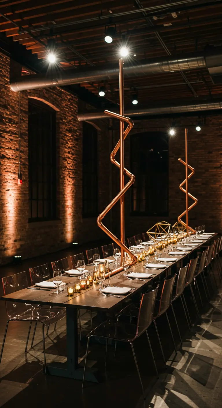 Hoge, sculpturale centerpieces van koperen buizen op een lange tafel in een industriële ruimte.