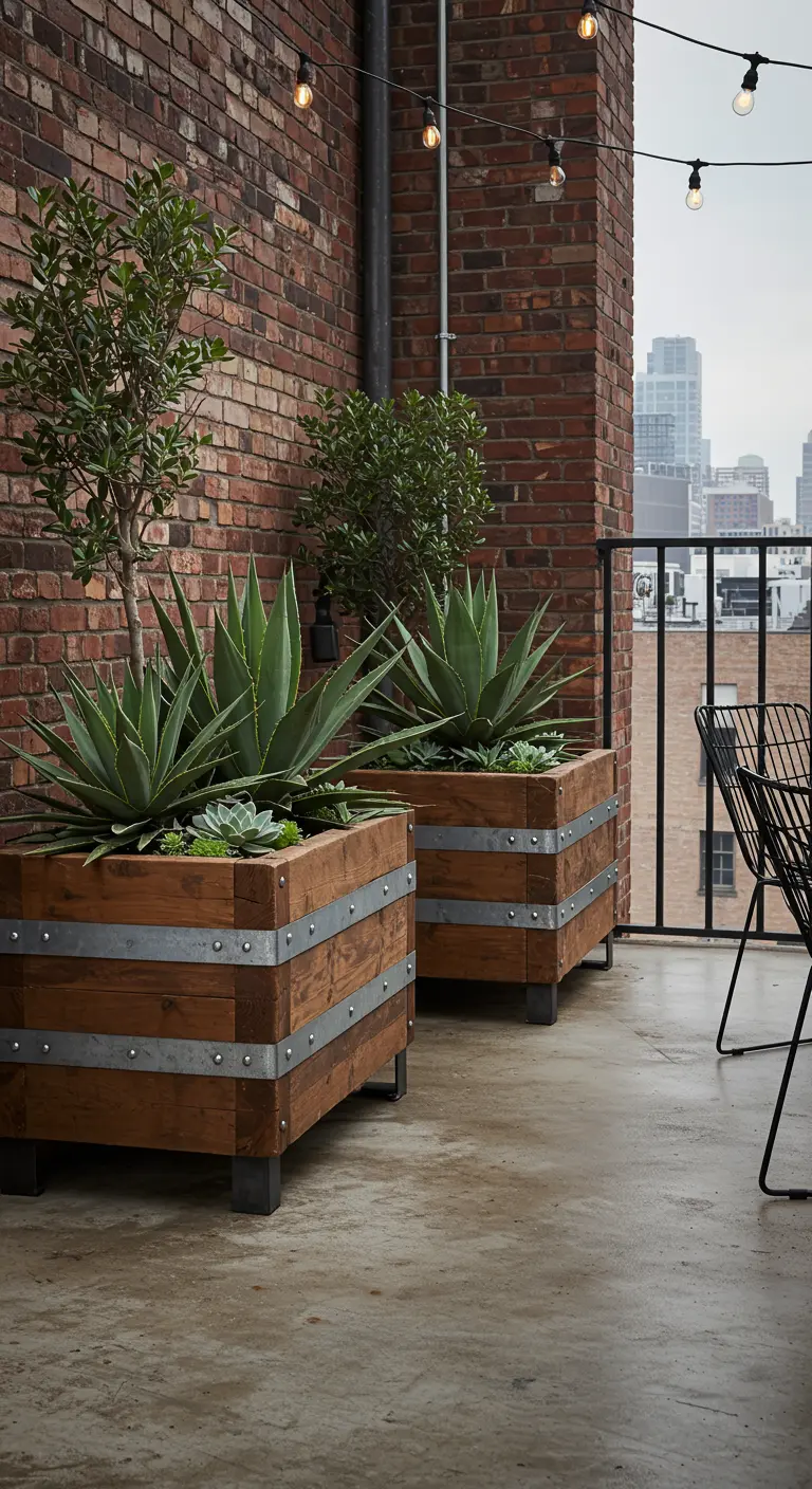 Robuuste houten plantenbakken met metalen banden op een industrieel balkon met bakstenen muur.