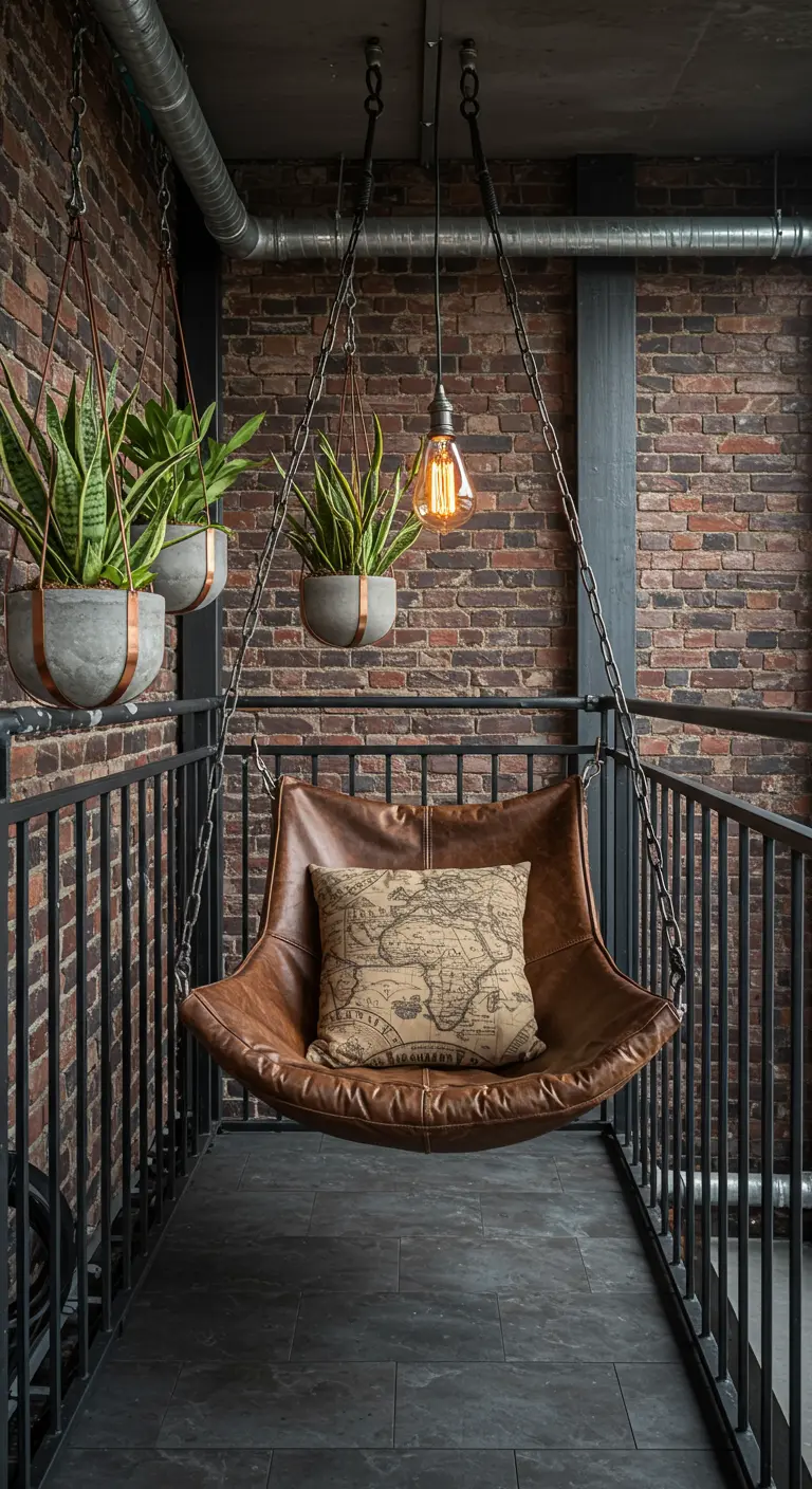 Leren hangstoel aan kettingen op een industrieel balkon met bakstenen muur en betonnen plantenpotten.