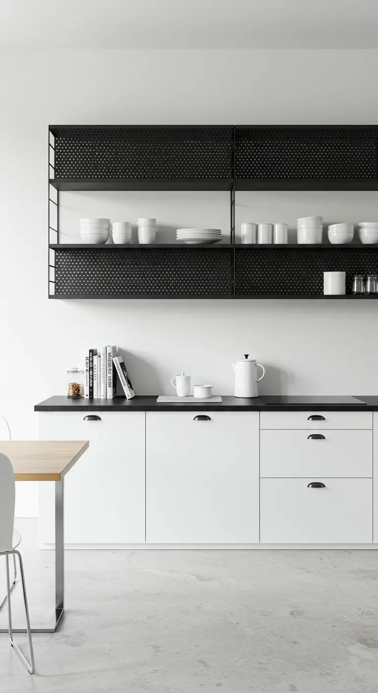 Witte keuken met open planken van geperforeerd zwart metaal, gevuld met wit servies.