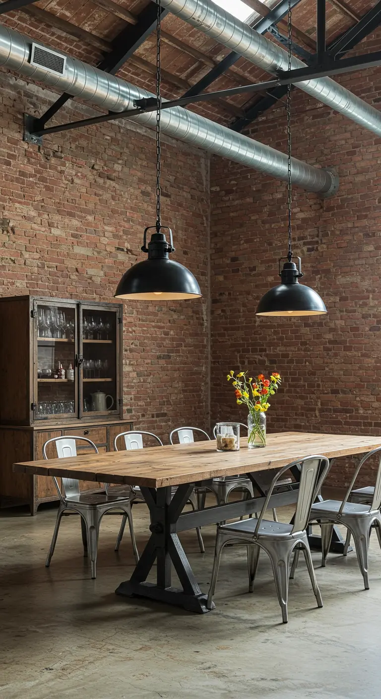 Industriële eetkamer met bakstenen muur, houten tafel en metalen stoelen.
