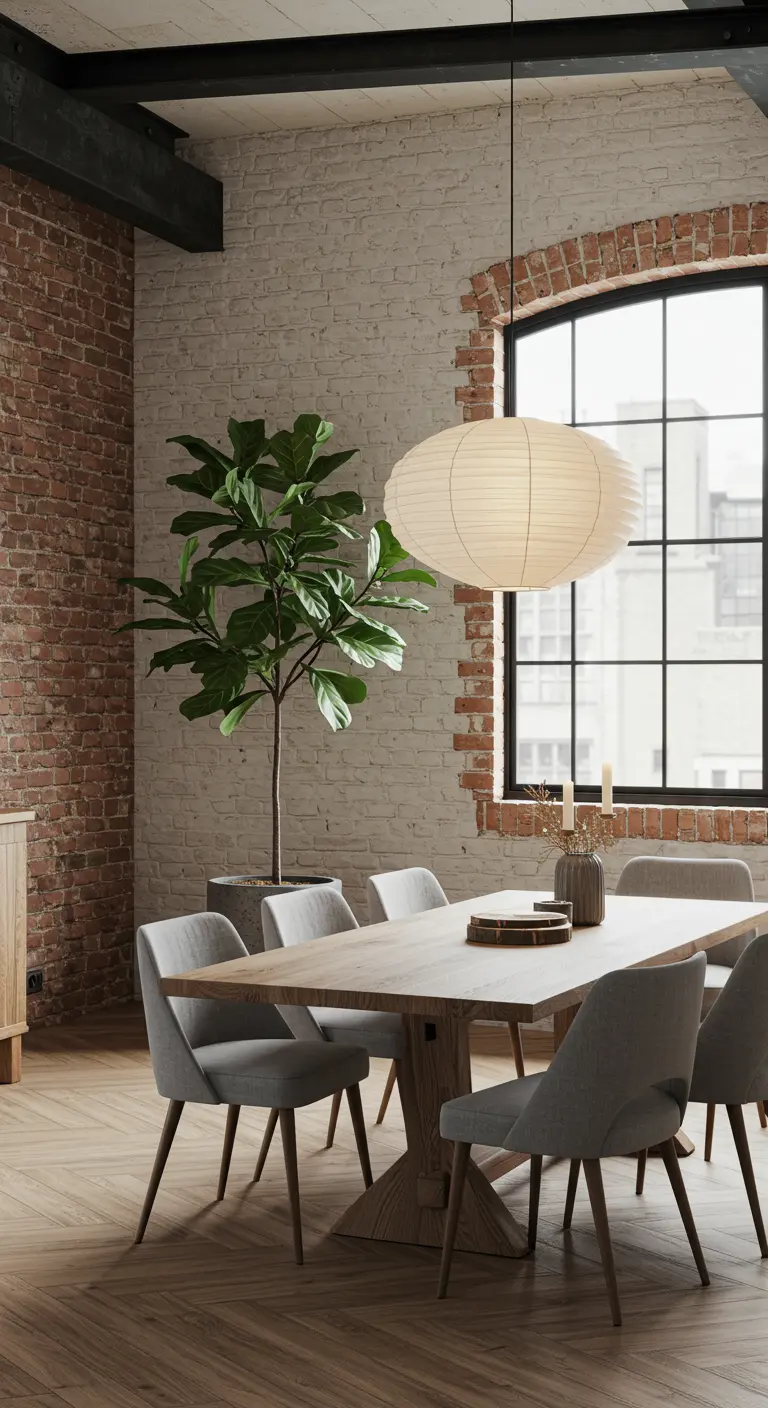 Loft-stijl eetkamer met bakstenen muur, houten vloer en rijstpapieren lamp.