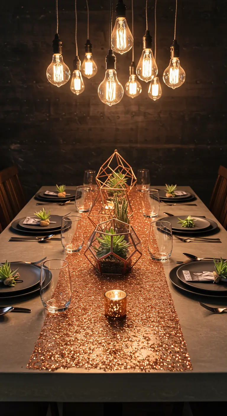 Industriële tafel met koperen paillettenloper, Edison-lampen en vetplantjes.