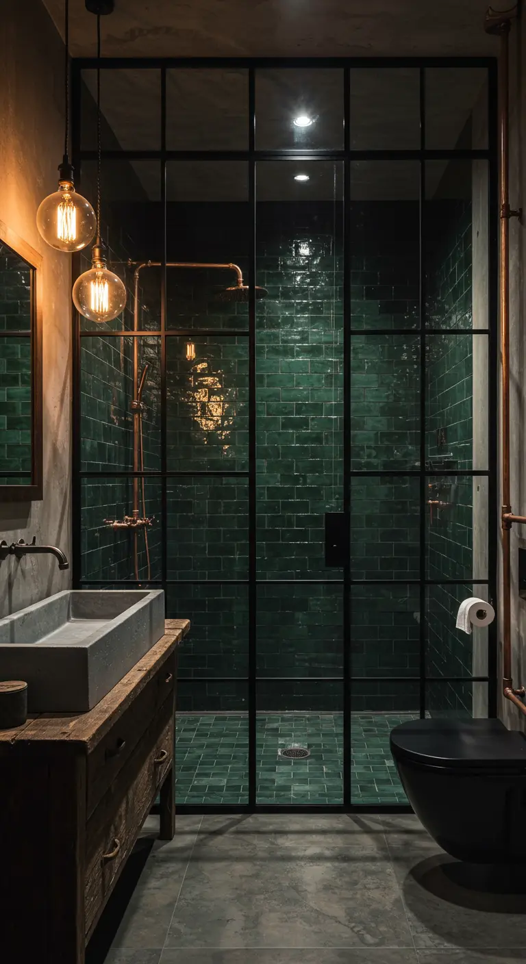 Industriële douche met donkergroene tegels, zwart frame en koperen leidingen.