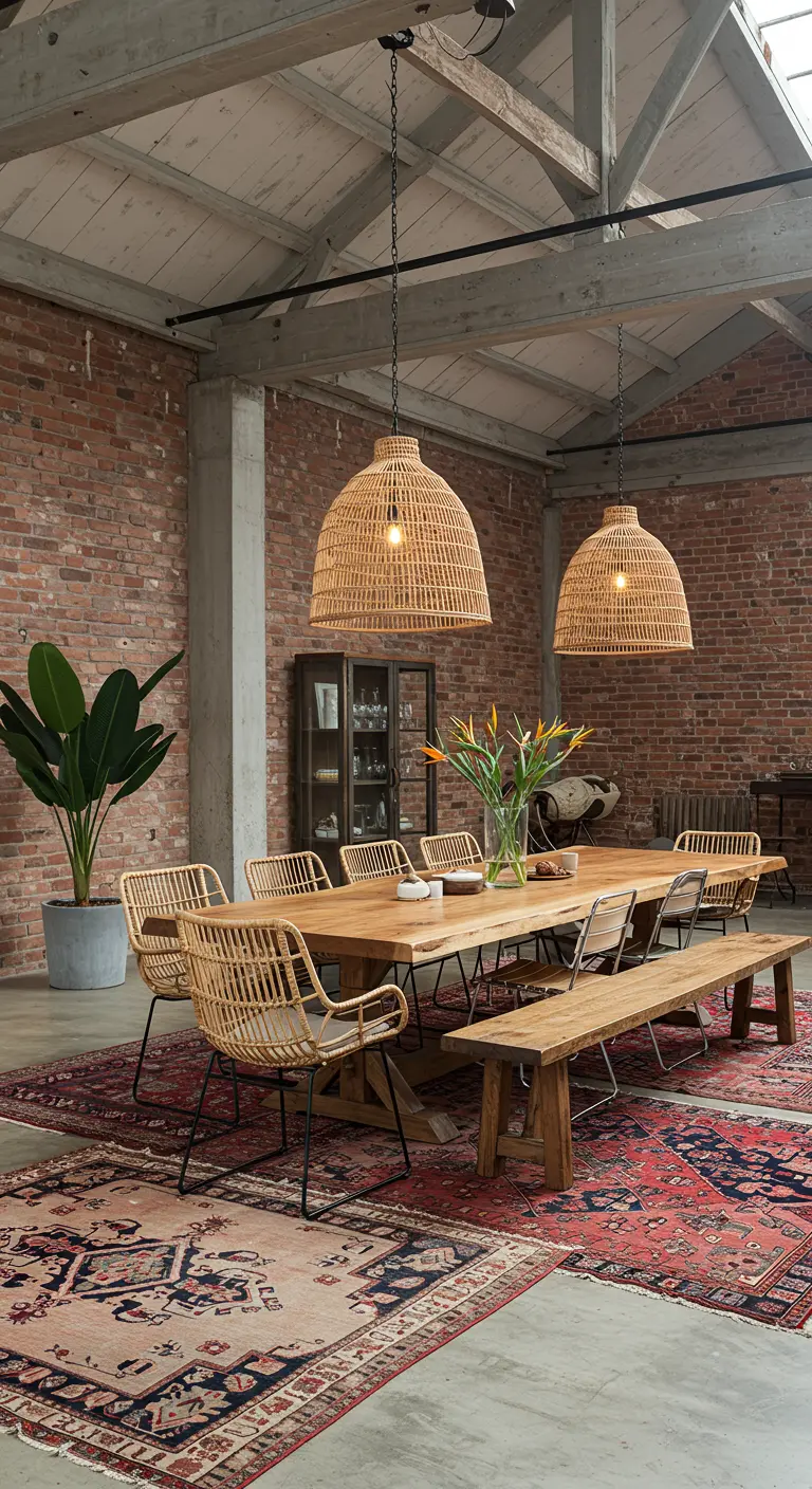 Eetkamer in loftstijl met bakstenen muur, grote rotan lampen en een lang houten tafel.