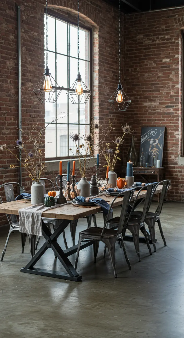 Industriële eetkamer met bakstenen muur, metalen stoelen en herfstdecoratie.
