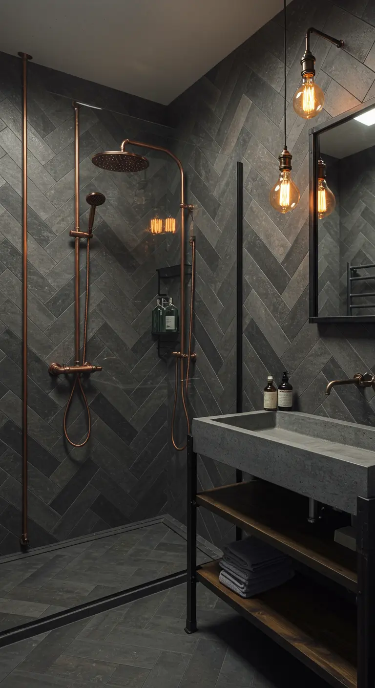 Industriële badkamer met grijze visgraattegels en koperen douche-installatie.