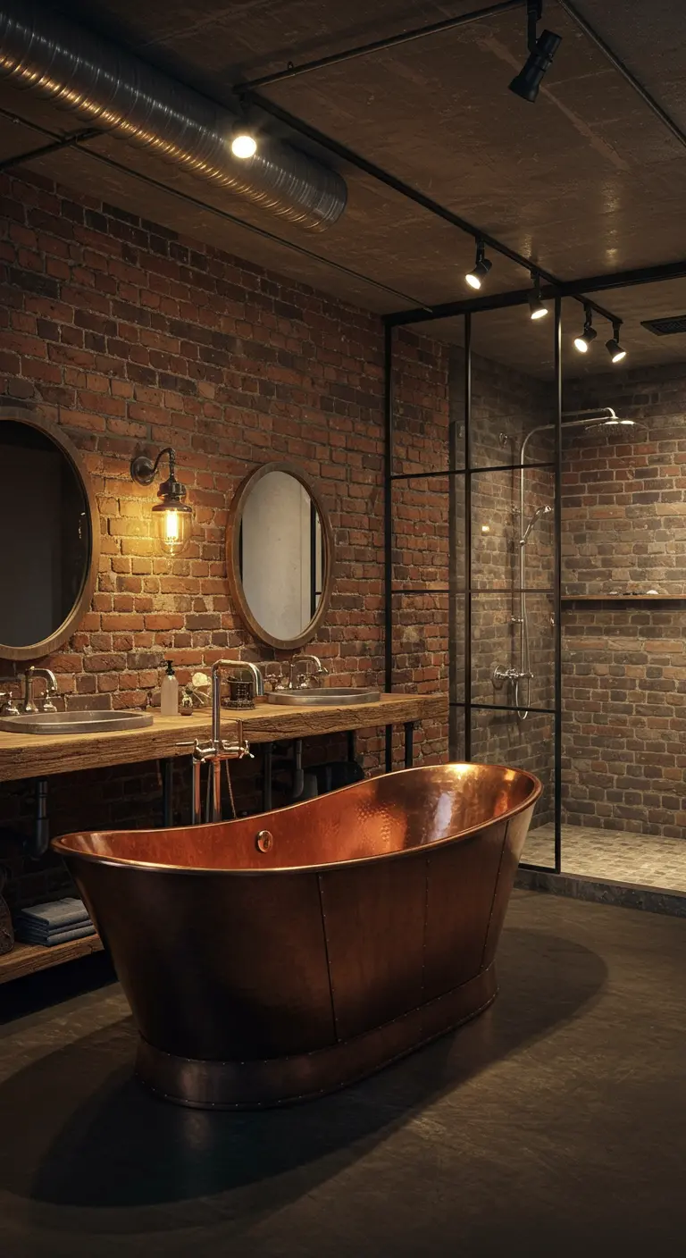 Koperen bad in een industriële badkamer met bakstenen muur en zwarte accenten.