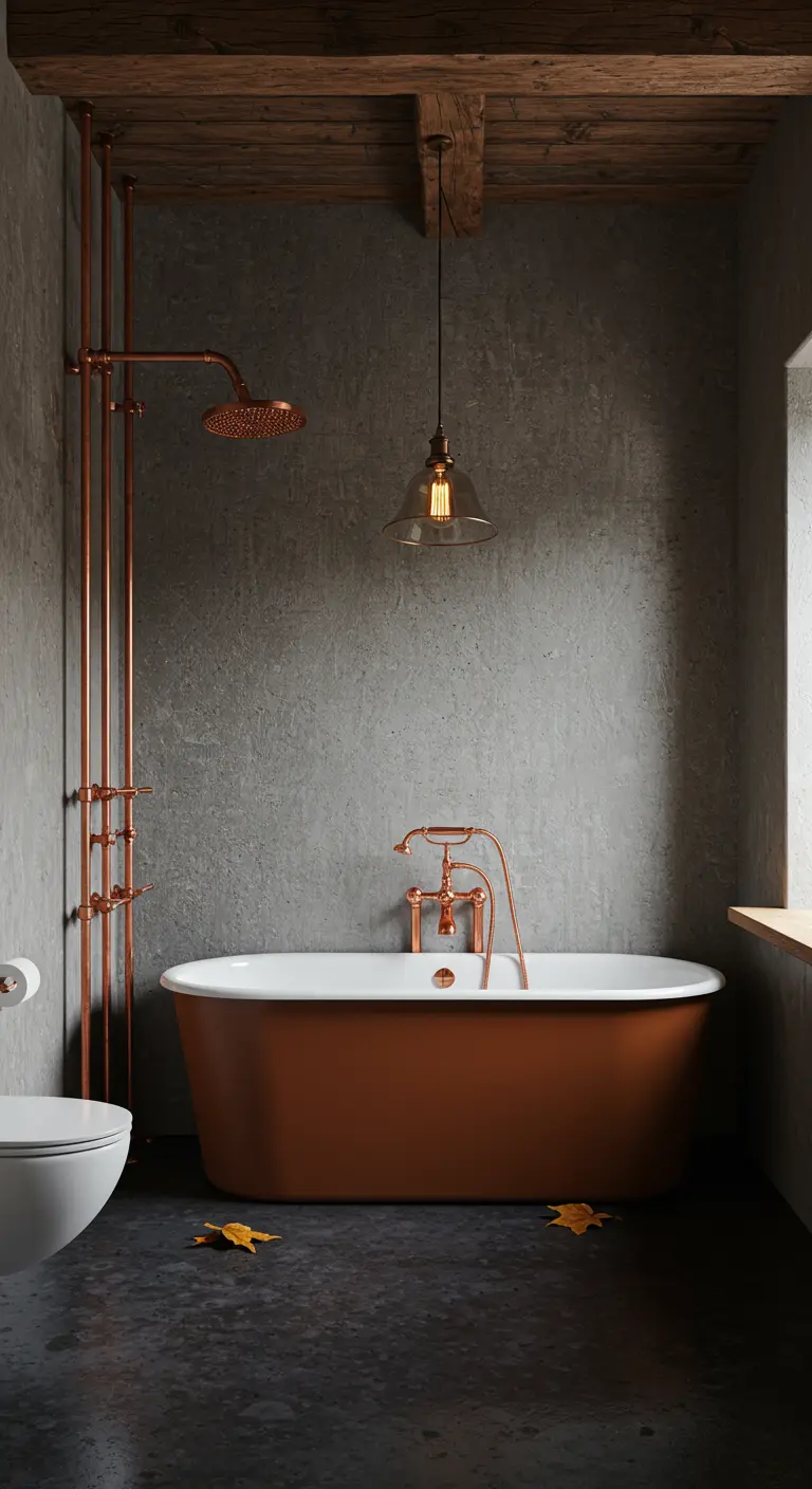 Industriële badkamer met betonnen muren, een koperen opbouw douche en een roestkleurig bad.