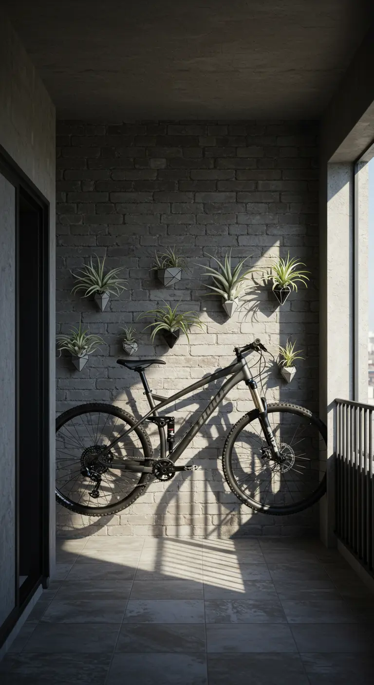 Mountainbike hangt aan een bakstenen muur op een balkon, omringd door kleine hangplantjes.