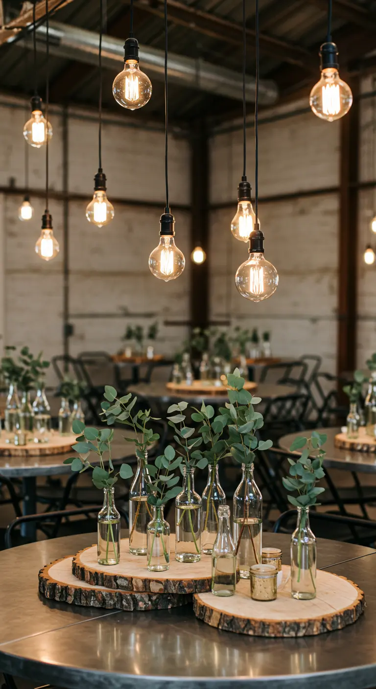 Centerpiece van boomschijven met glazen flesjes met eucalyptus, onder industriële peertjes.