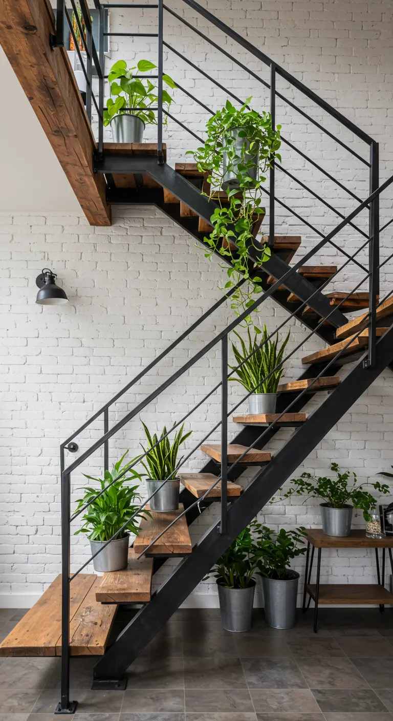 Industriële open trap met houten treden en een zwarte metalen leuning, versierd met planten in zinken emmers.