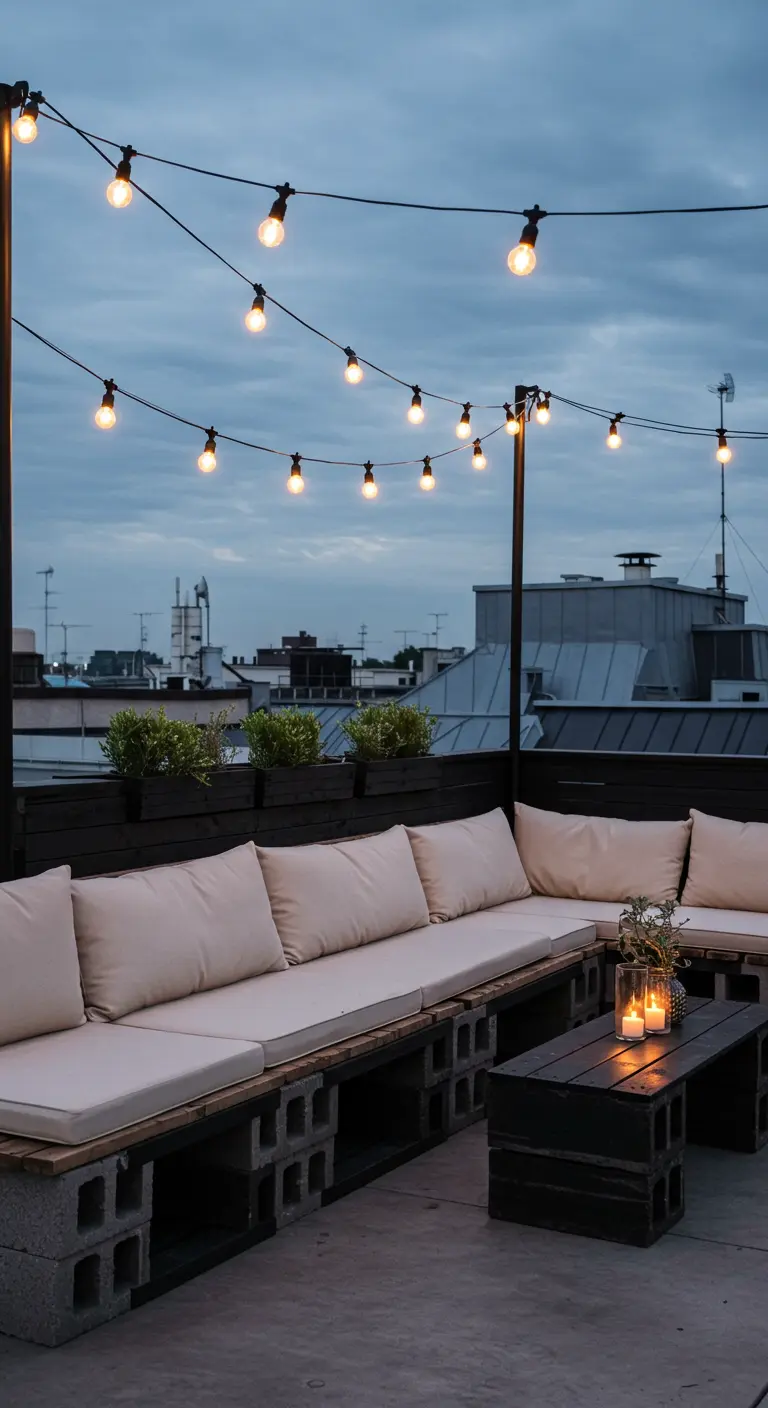 Dakterras met een loungebank van betonblokken, lichte kussens en lichtslingers.