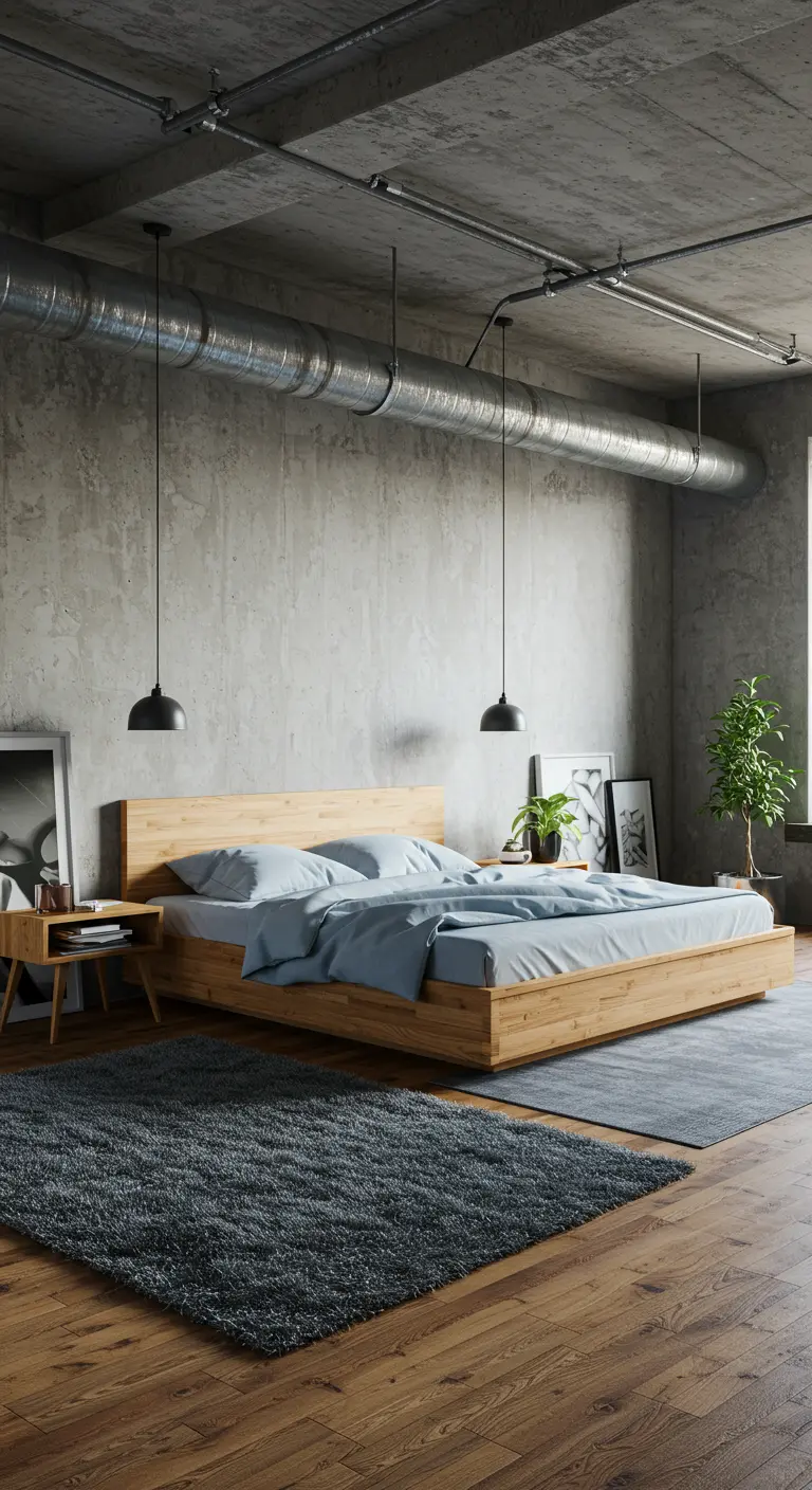 Industriële loft slaapkamer met betonnen muren, houten bed en een zacht grijs vloerkleed.
