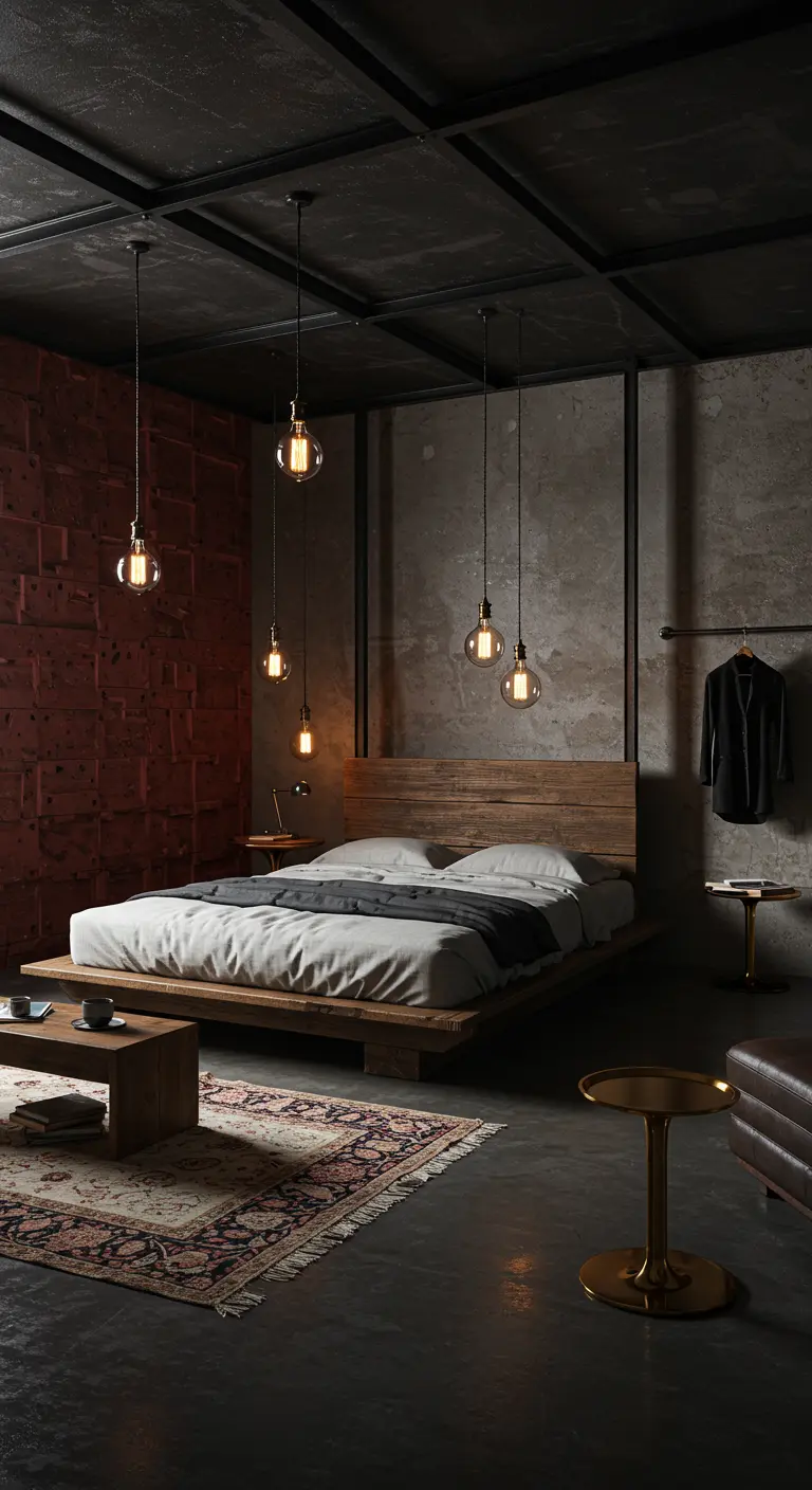 Industriële slaapkamer met betonnen vloer, zwart plafond, houten bed en hangende gouden peertjes.
