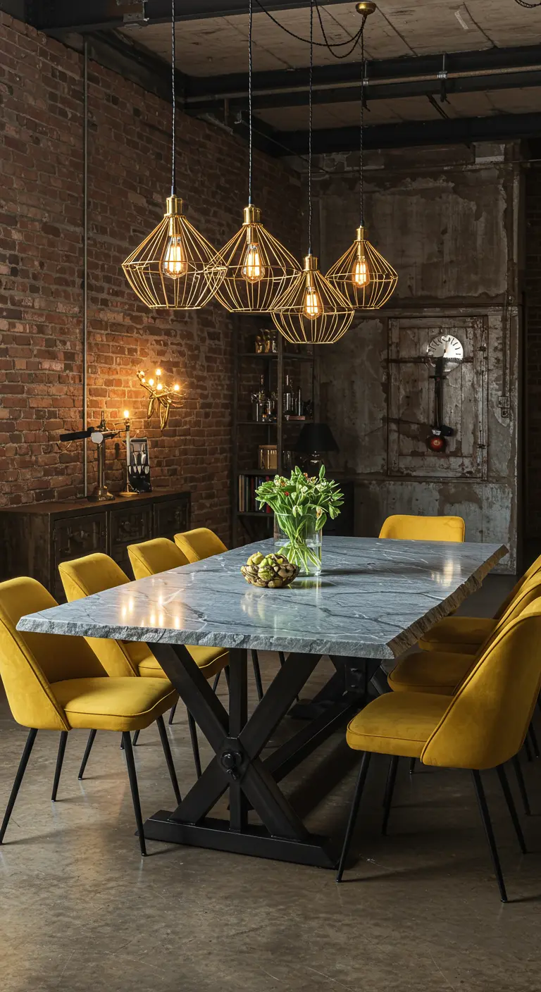 Industriële eetkamer met bakstenen muur, betonnen vloer, grote grijze marmeren tafel en okergele fluwelen stoelen.