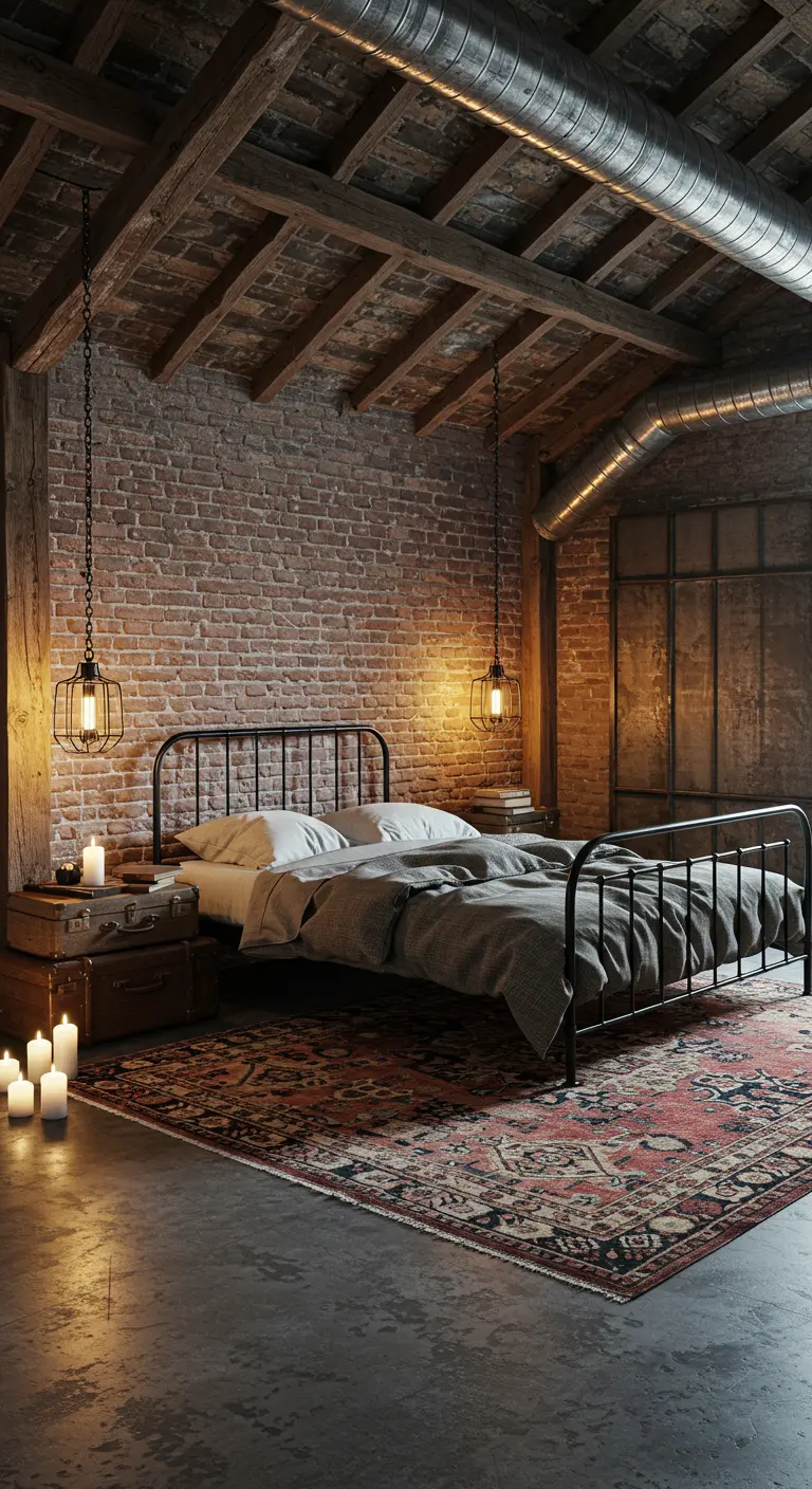 Industriële slaapkamer met bakstenen muur, betonnen vloer, metalen bed en een groot Perzisch tapijt.