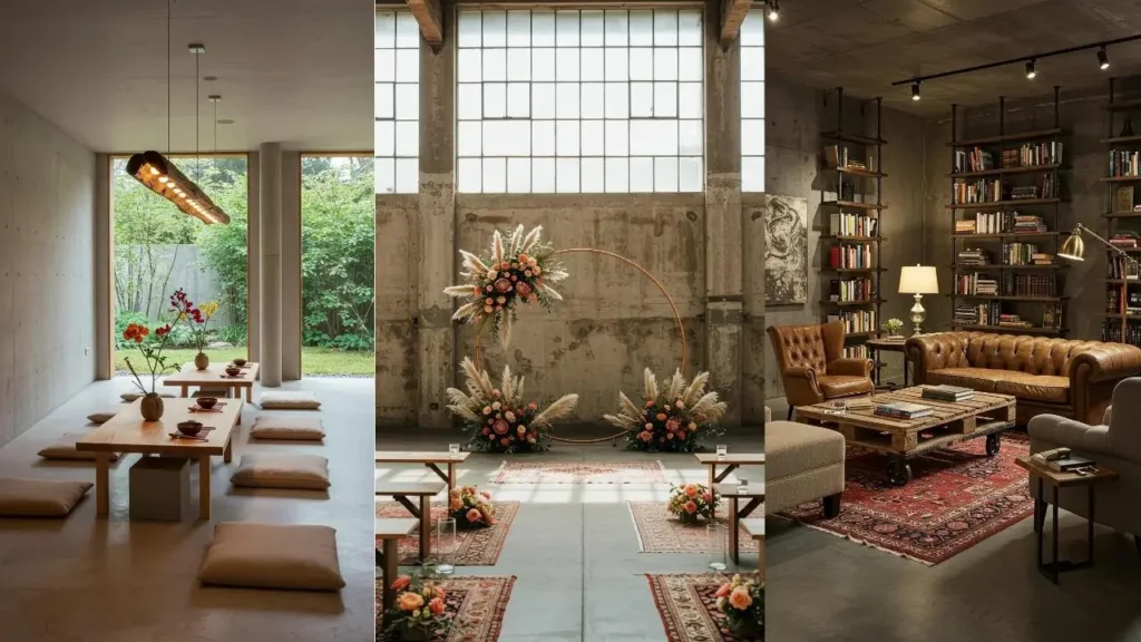 Sfeervolle industriële ruimtes met beton, staal en hout, van eetkamer tot lounge.