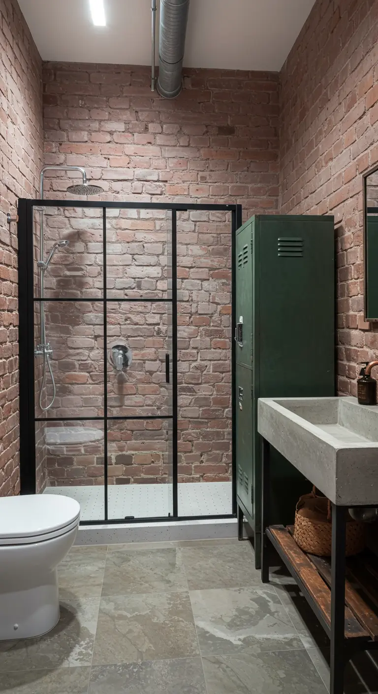 Industriële badkamer met een bakstenen muur, een groene locker en een betonnen wasbak.