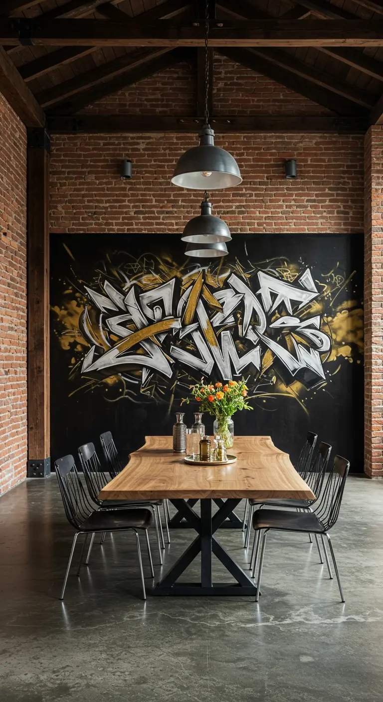 Industriële eetkamer met bakstenen muur en een grote graffiti-muurschildering.
