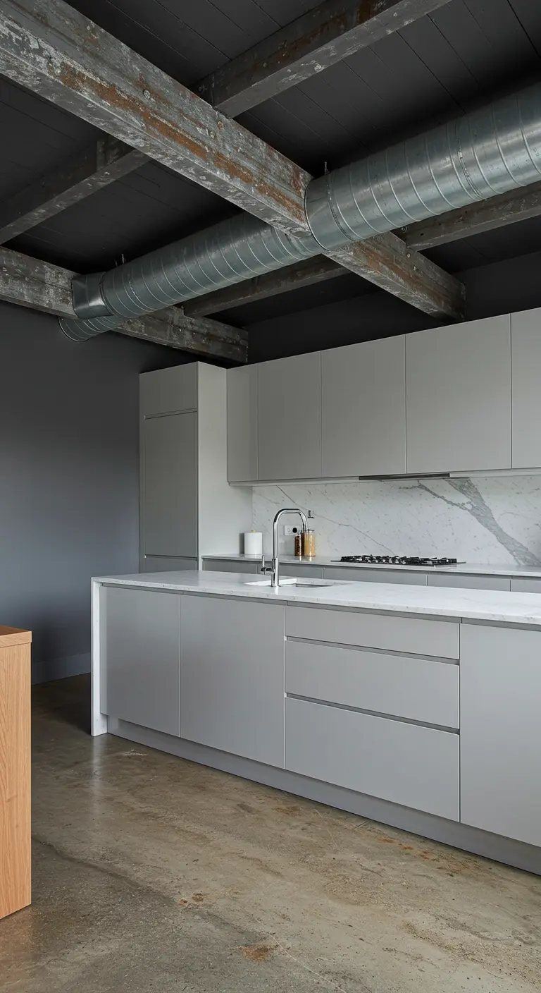 Lichtgrijze keuken in een industriële ruimte met een plafond met houten balken en buizen.