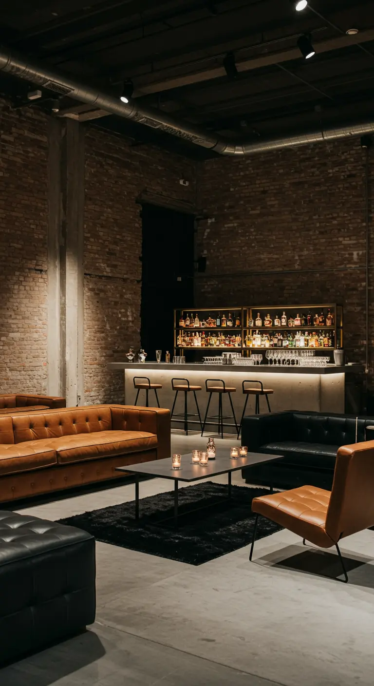 Stijlvolle lounge in industriële stijl met bakstenen muren, leren banken en een verlichte bar.