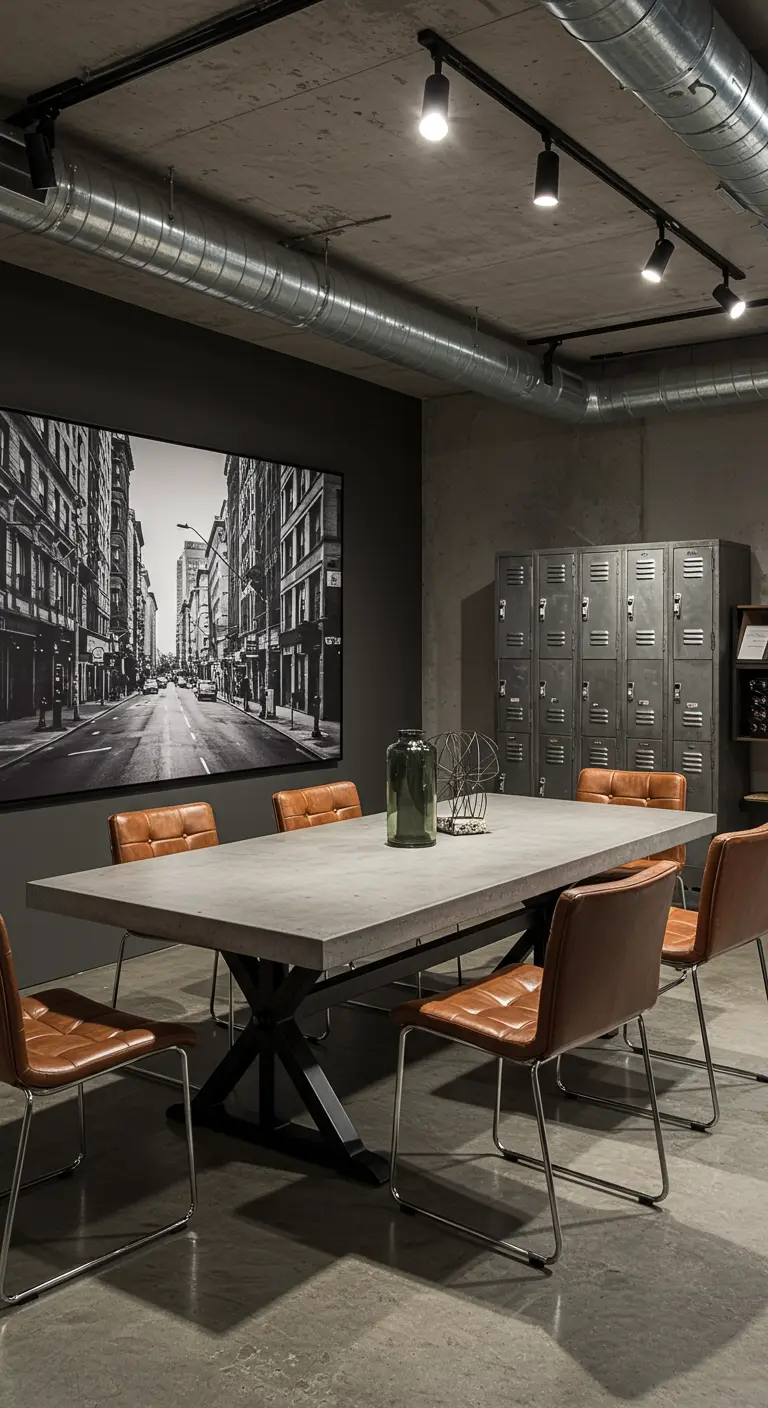Industriële eetruimte met betonnen tafel, leren stoelen, metalen lockers en grote stadsfoto.