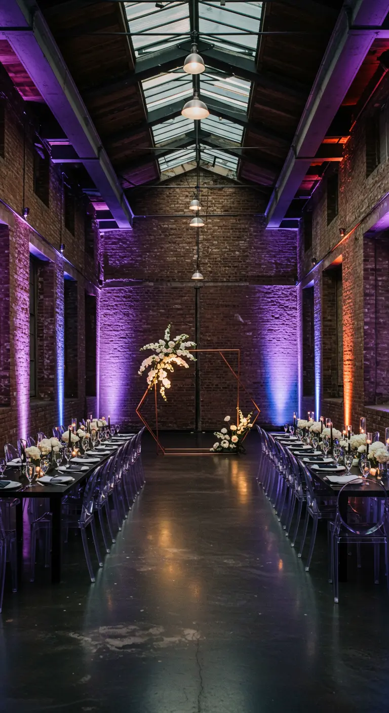 Industriële trouwlocatie met paarse uplighting, lange tafels en een koperen ceremonieboog.