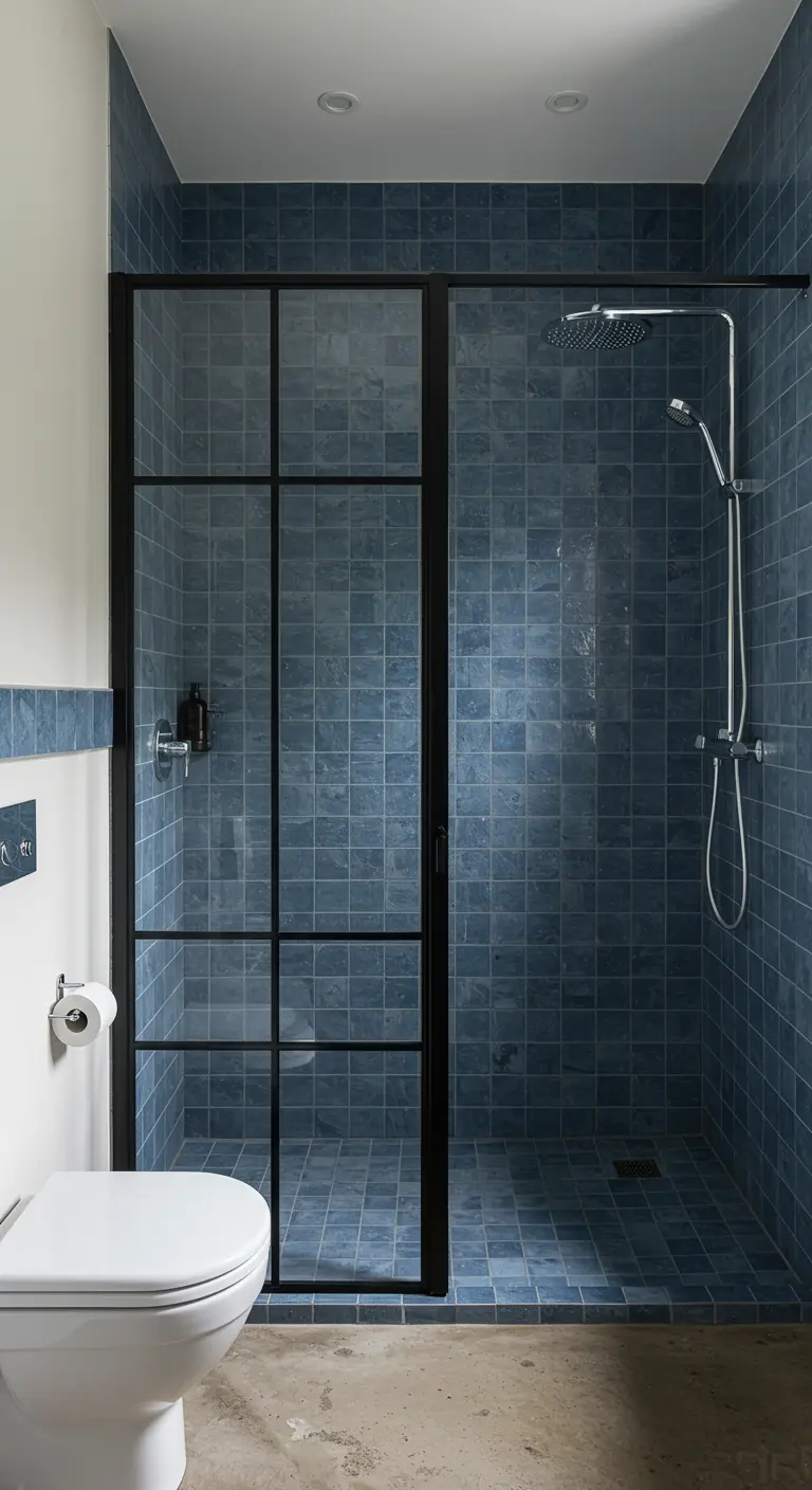 Inloopdouche met blauwe zelliges en een industriële glazen wand met zwart frame.