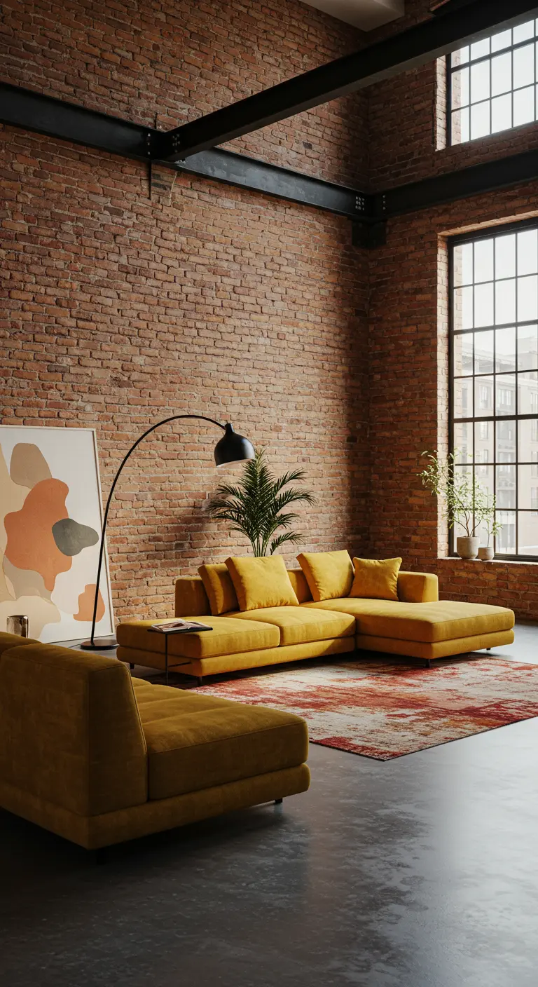 Industriële woonkamer met bakstenen muur en een grote, modulaire okergele hoekbank.