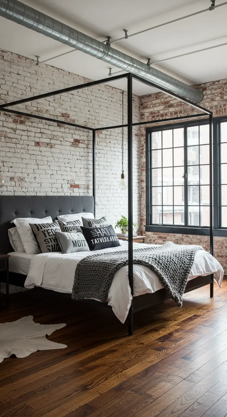 Industriële slaapkamer met een bakstenen muur, metalen hemelbed en houten vloer.