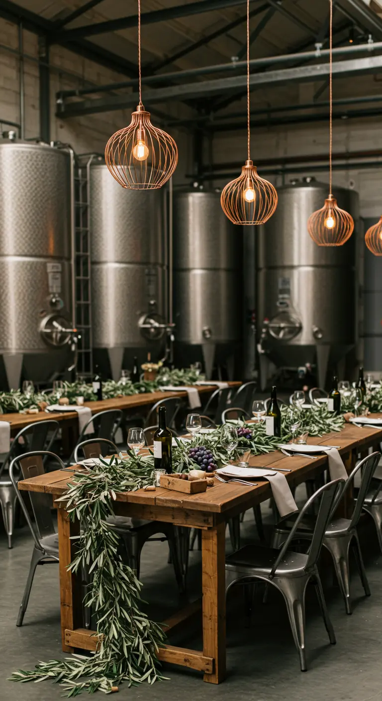Diner in een brouwerij met stalen tanks, houten tafels en moderne koperen lampen.