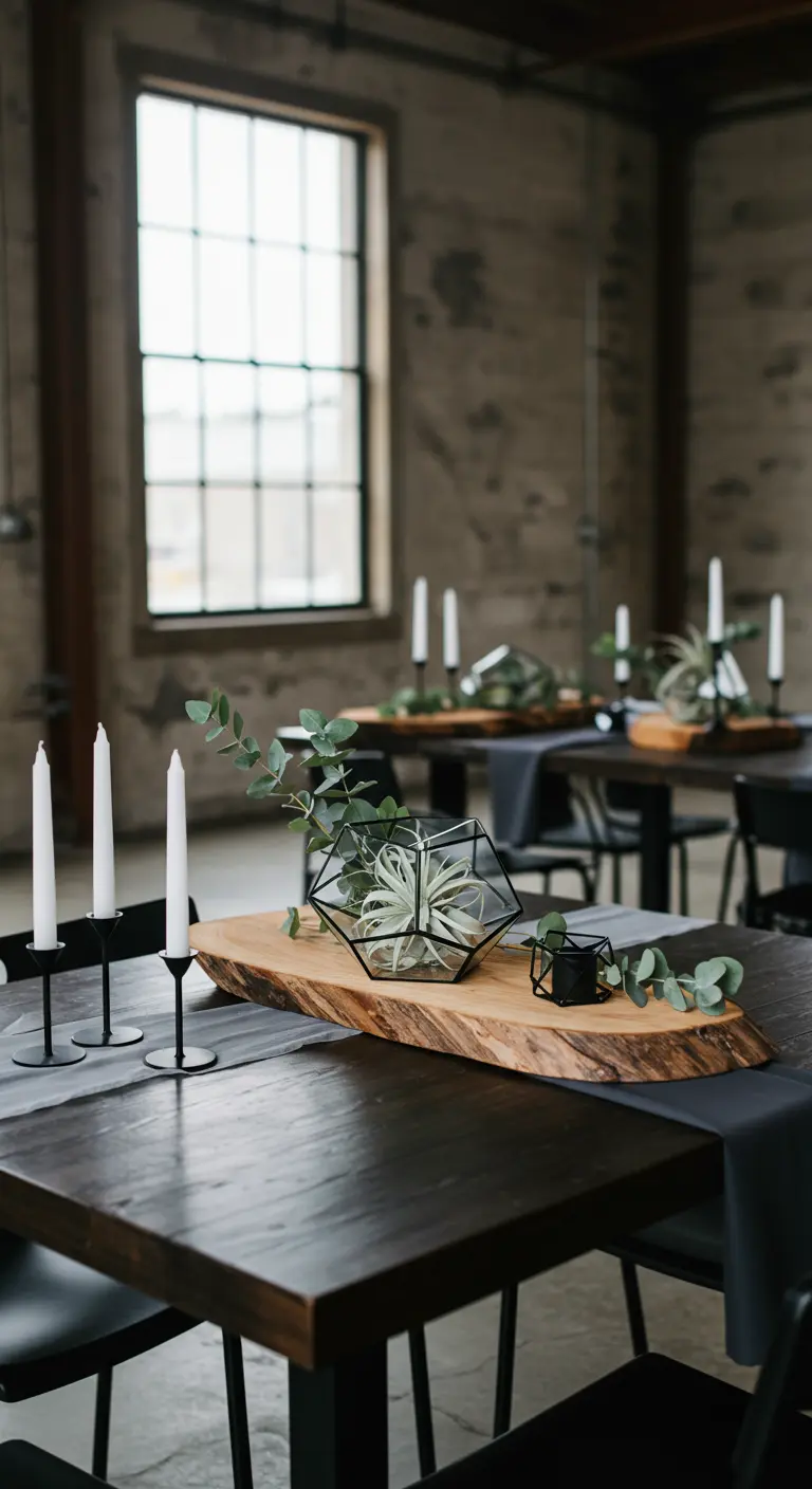 Moderne tafelstyling met boomschijf, geometrisch terrarium en eucalyptus in industriële ruimte.