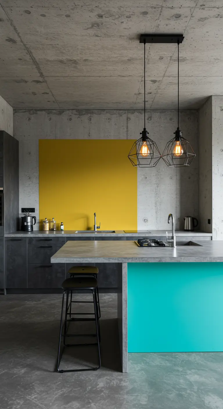 Betonkleurige keuken met gele spatwand en turquoise zijpaneel op het eiland.
