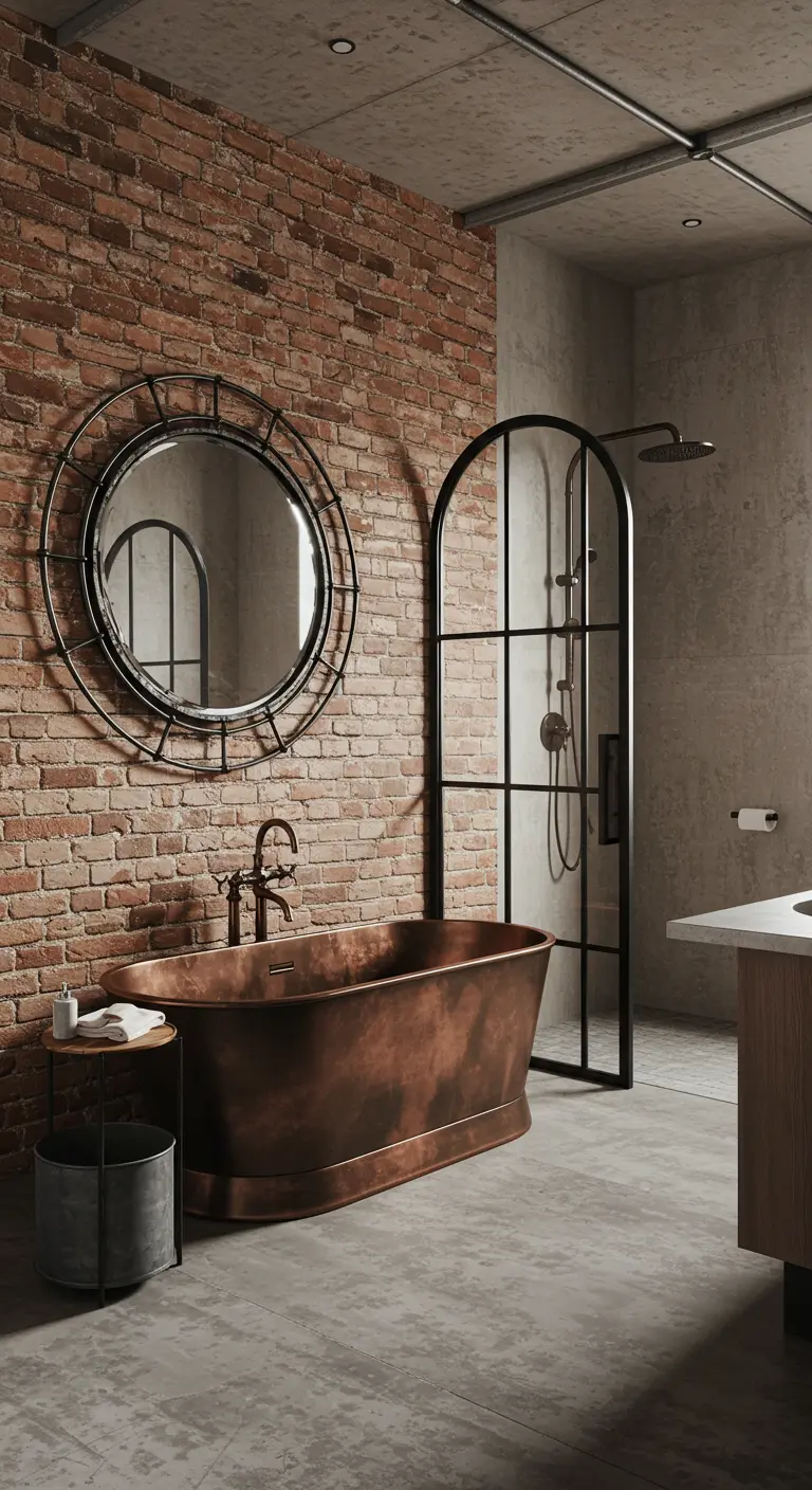 Industriële badkamer met een bakstenen muur, een vrijstaand koperen bad en een ronde metalen spiegel.