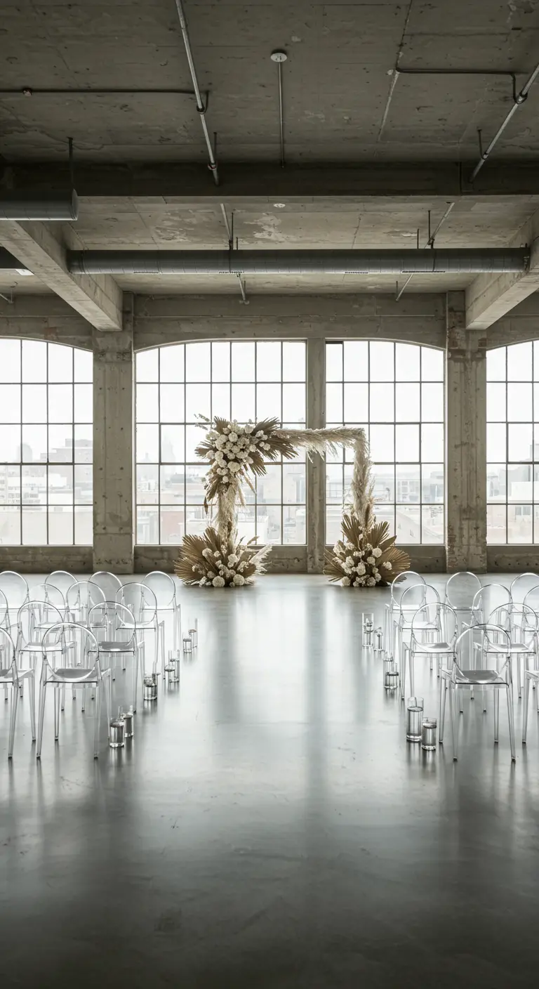 Minimalistische trouwopstelling in een industriële ruimte met een droogbloemenboog.