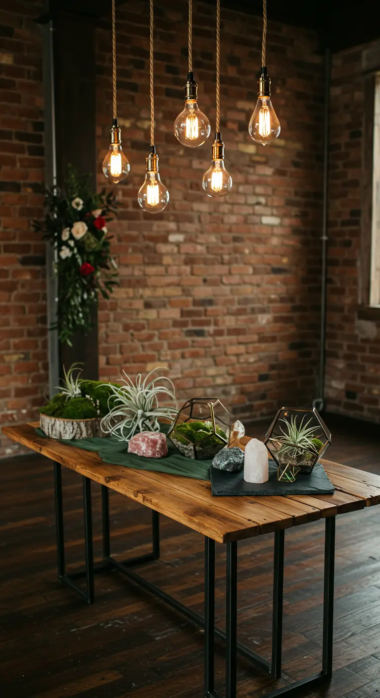 Houten tafel met een tafelloper van mos, luchtplantjes in terrariums en edelstenen.