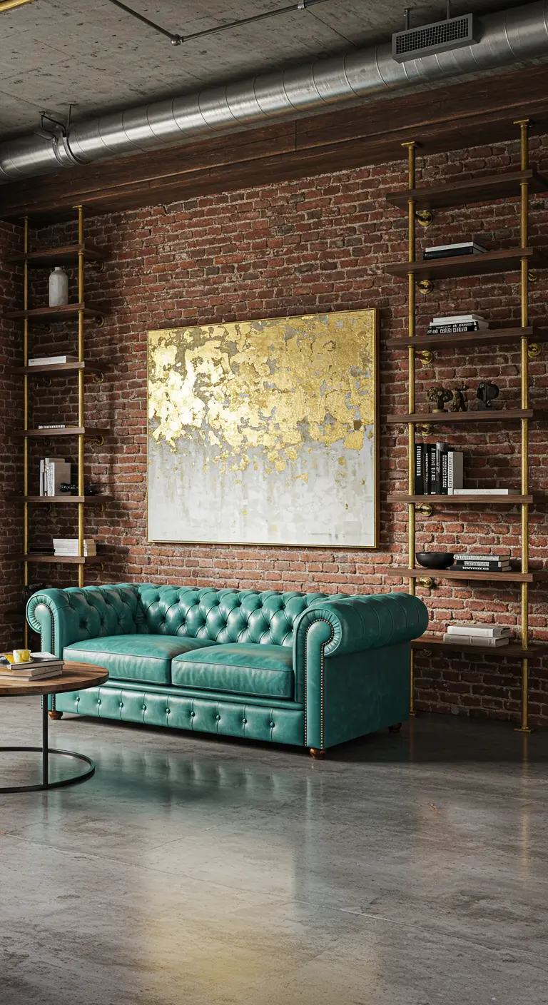 Industriële woonkamer met bakstenen muur, turquoise Chesterfield-bank en gouden industriële rekken.