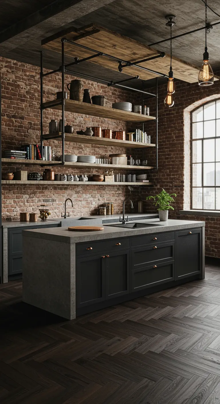 Industriële keuken met donkere visgraatvloer, bakstenen muur en metalen rekken.