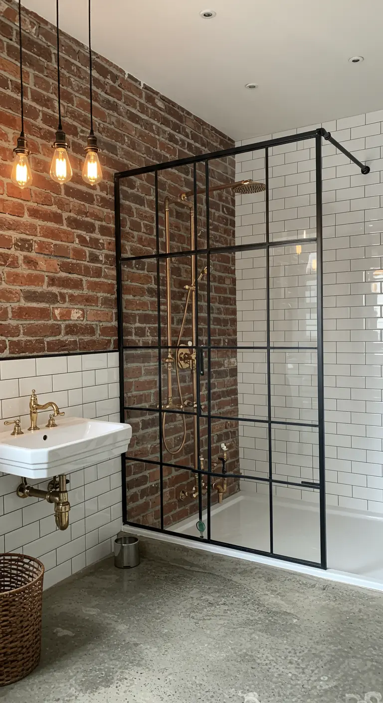 Badkamer met witte metrotegels en een onafgewerkte bakstenen muur in de douche.