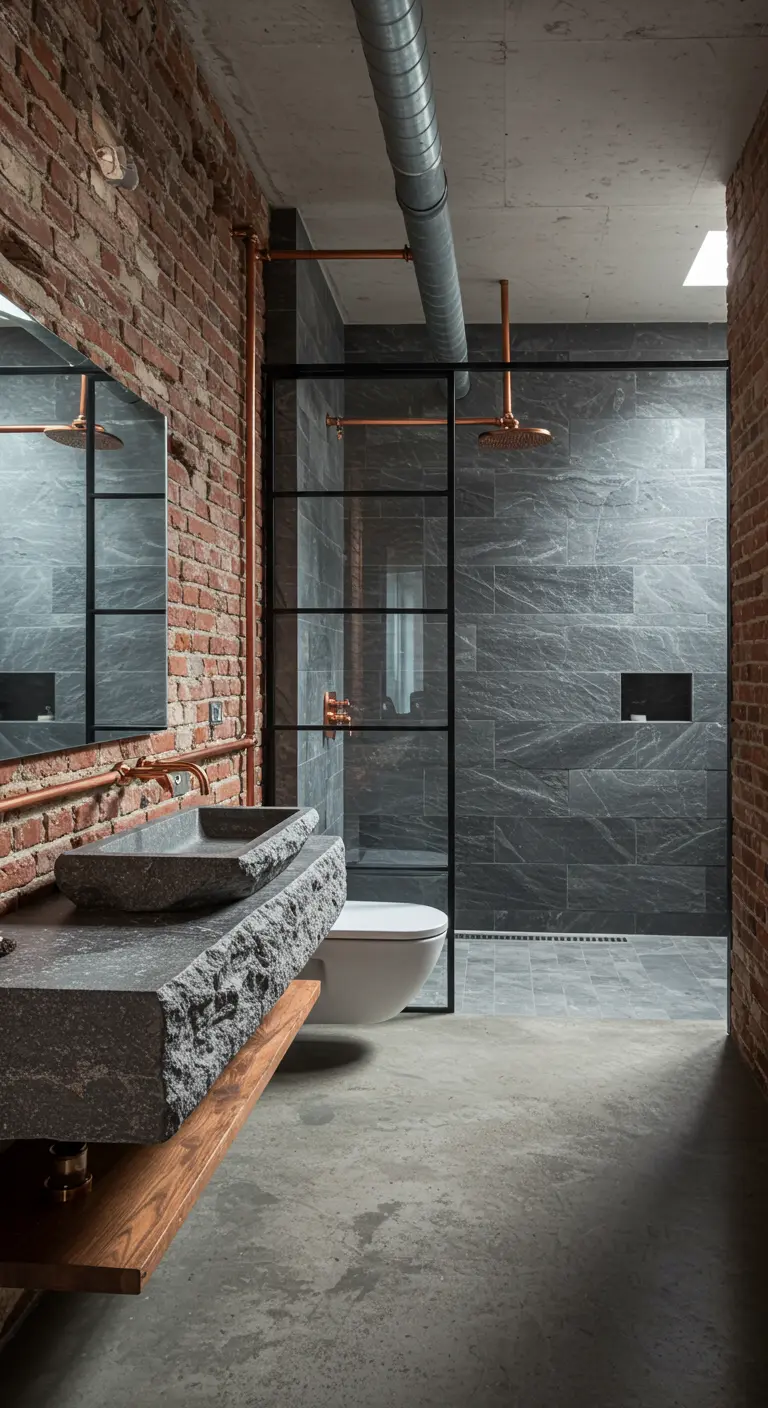 Industriële badkamer met bakstenen muur, leistenen douche en koperen leidingen.