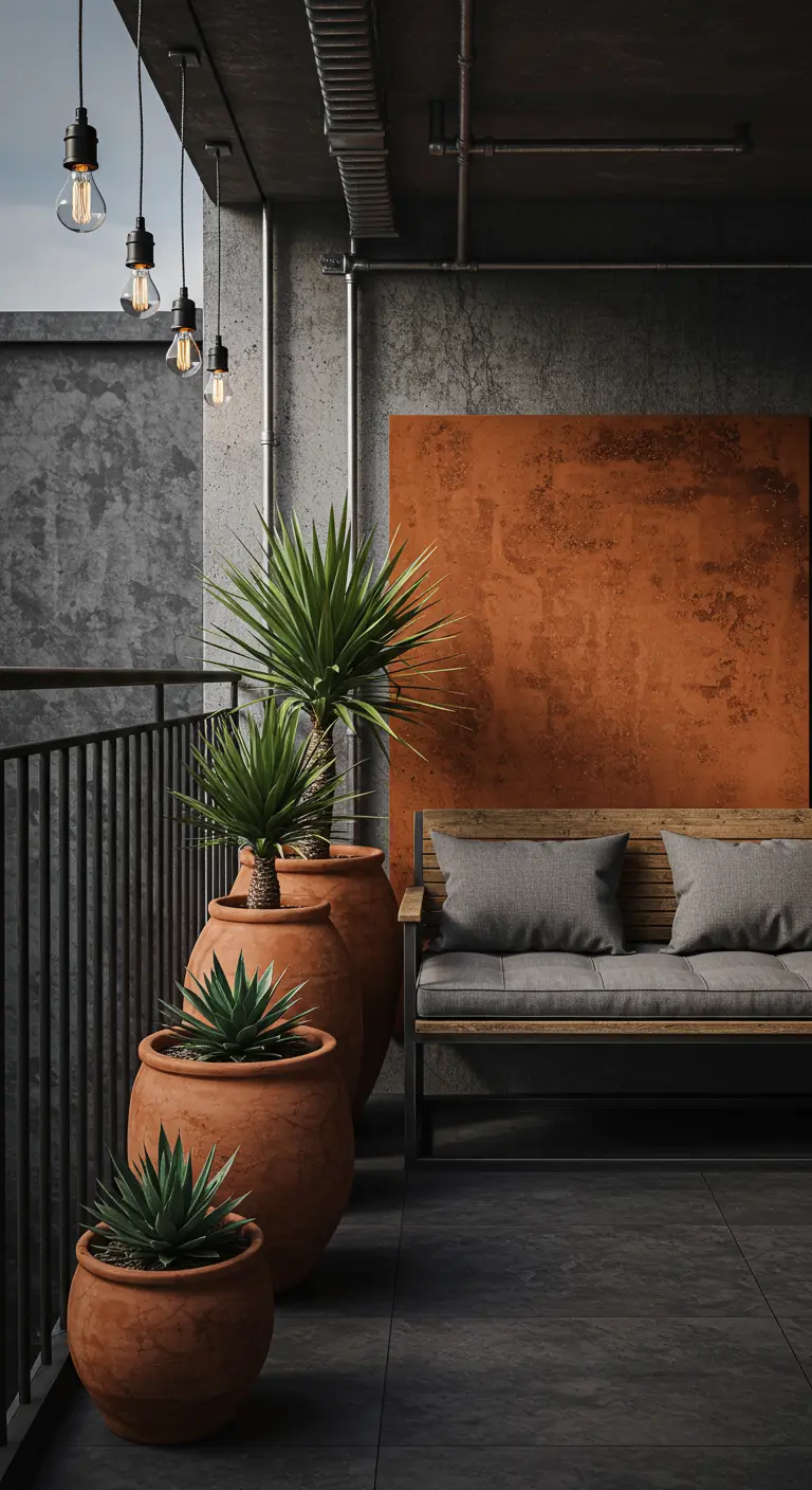 Industrieel balkon met betonnen muren, metalen bank en grote terracotta potten met spiky planten.