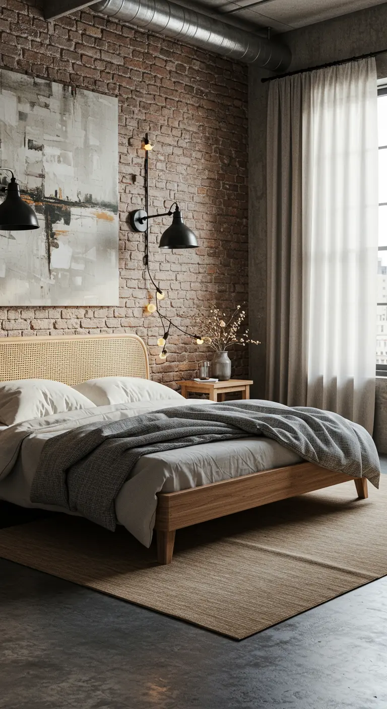 Industriële slaapkamer met bakstenen muur, betonnen plafond, een houten bed met rotan hoofdbord, en een jute vloerkleed.