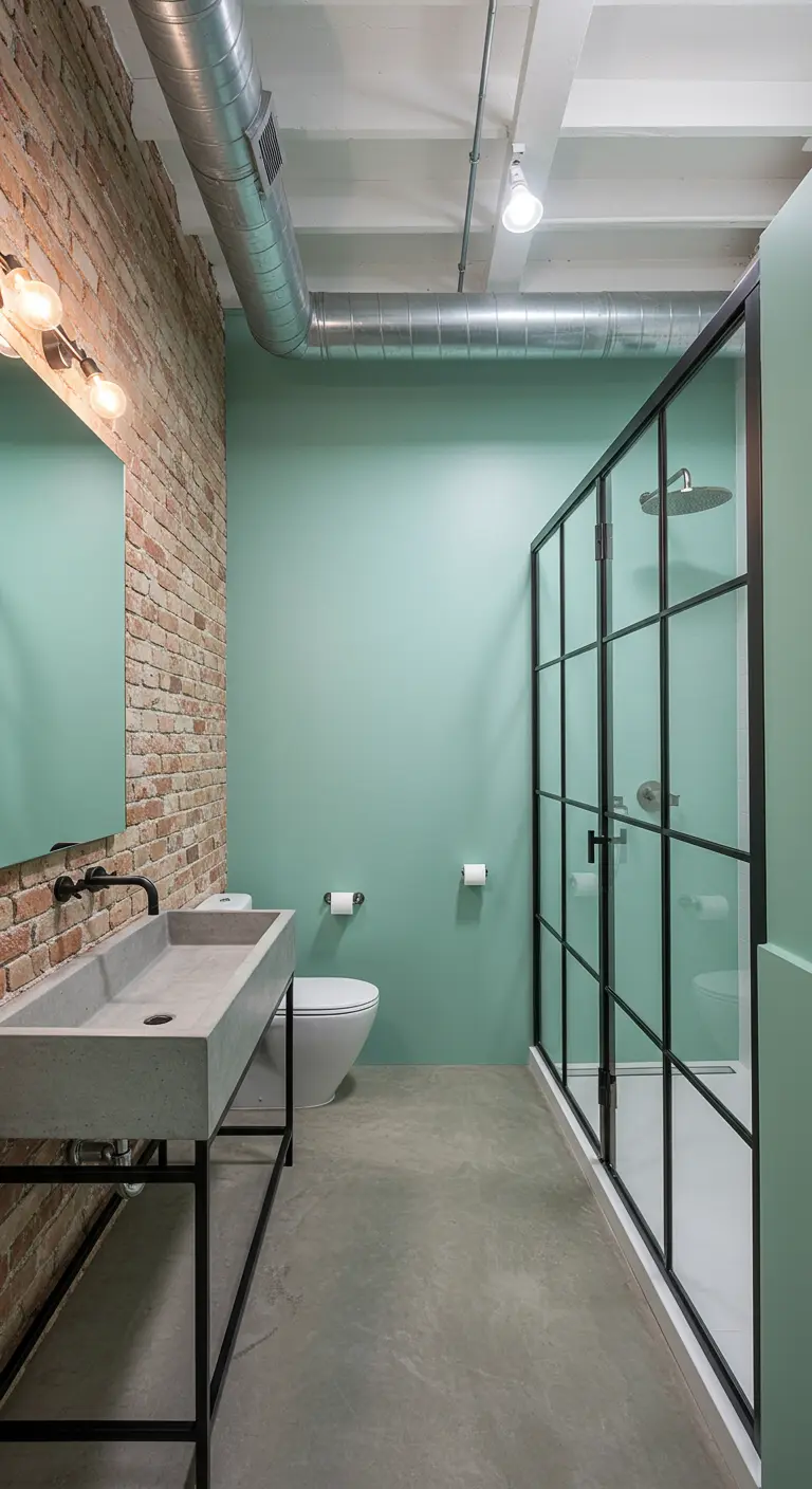 Industriële badkamer met een bakstenen muur, betonnen wastafel en mintgroene accentmuur.
