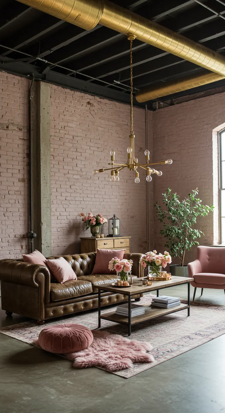 Loft met roze bakstenen muur, leren bank en gouden industriële kroonluchter.