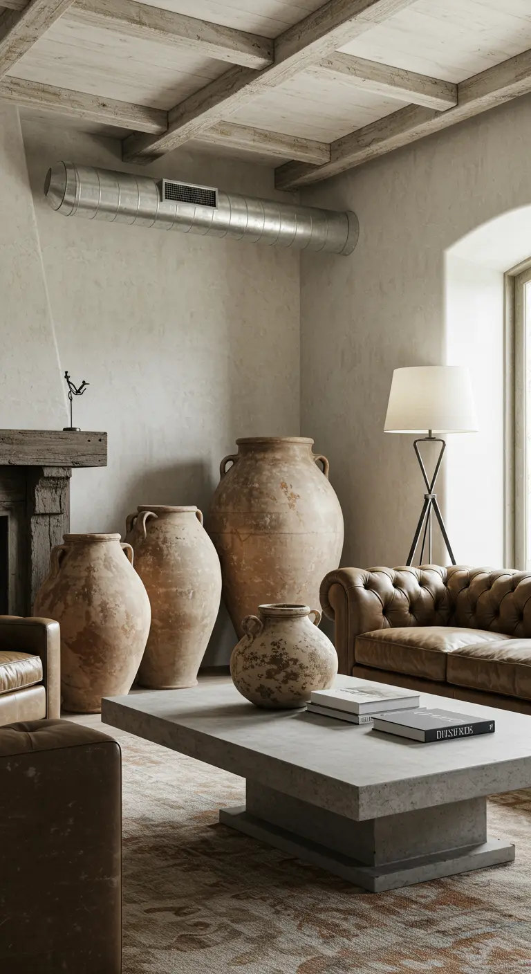 Industriële woonkamer met betonnen tafel, leren bank en een groep grote, rustieke aardewerken vazen.