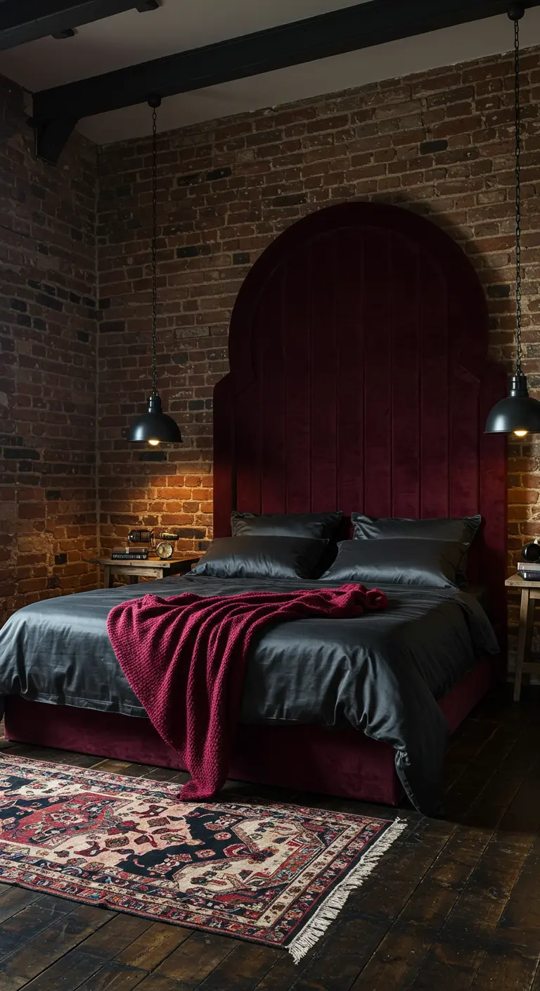 Industriële slaapkamer met bakstenen muur en een hoog, boogvormig bordeauxrood fluwelen hoofdbord.