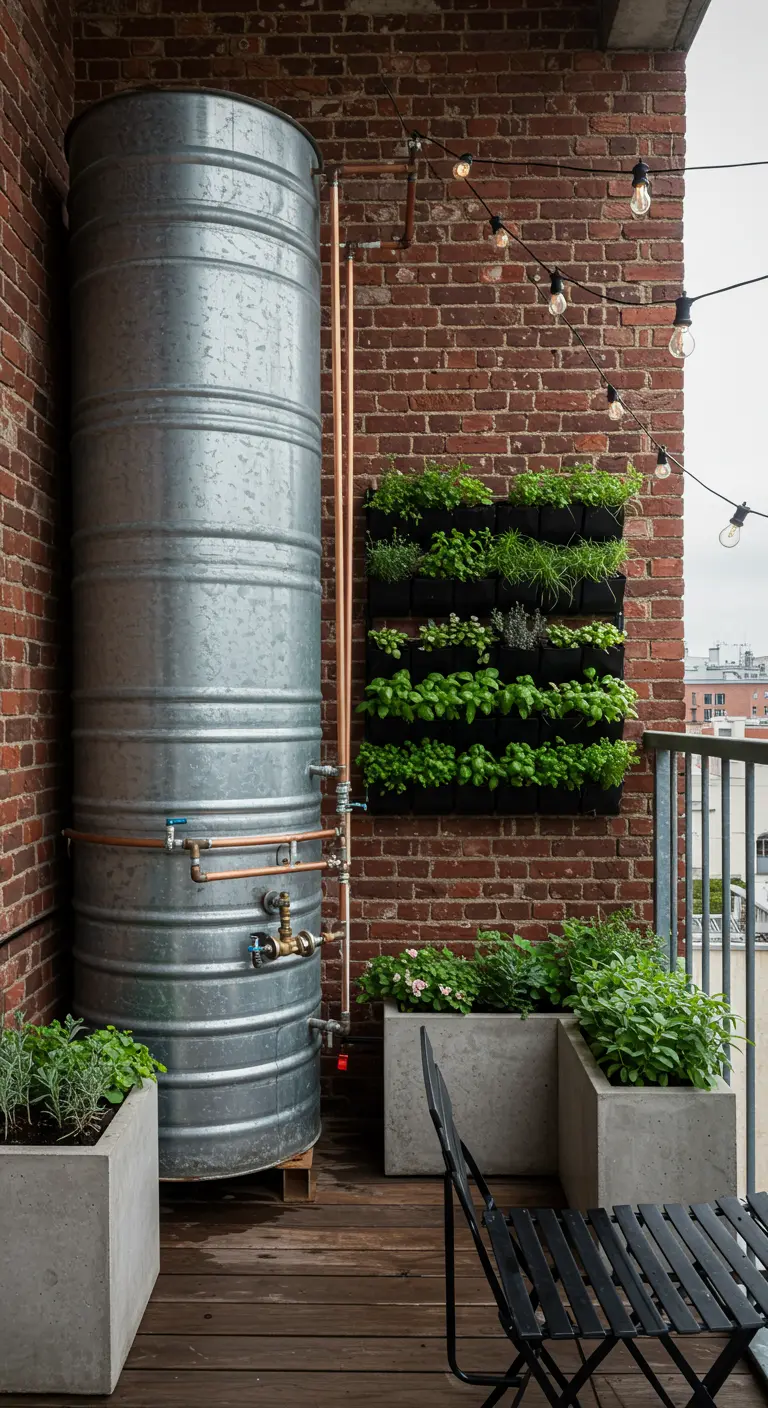 Grote, zinken watertank met koperen leidingen op een industrieel balkon met bakstenen muur.