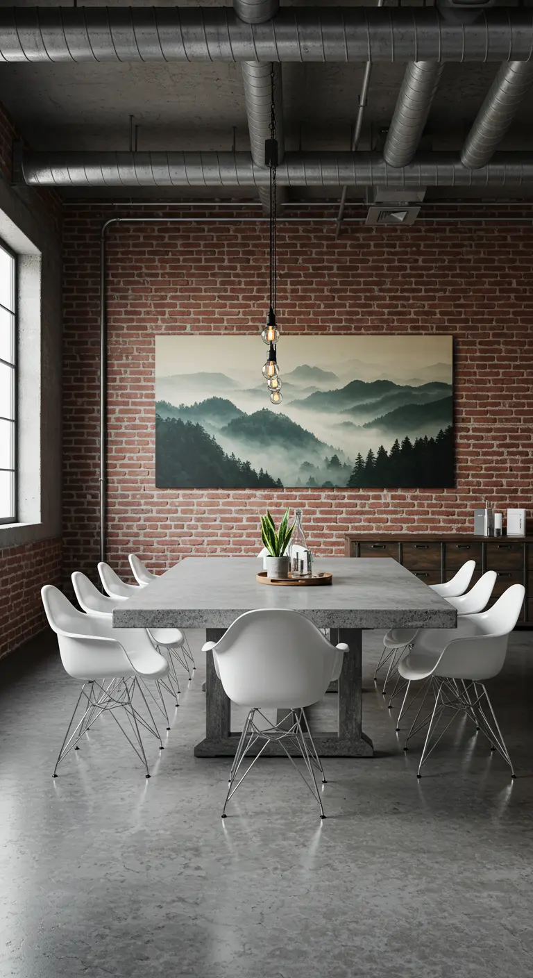 Industriële eetkamer met bakstenen muur, betonnen tafel en een landschapsschilderij.