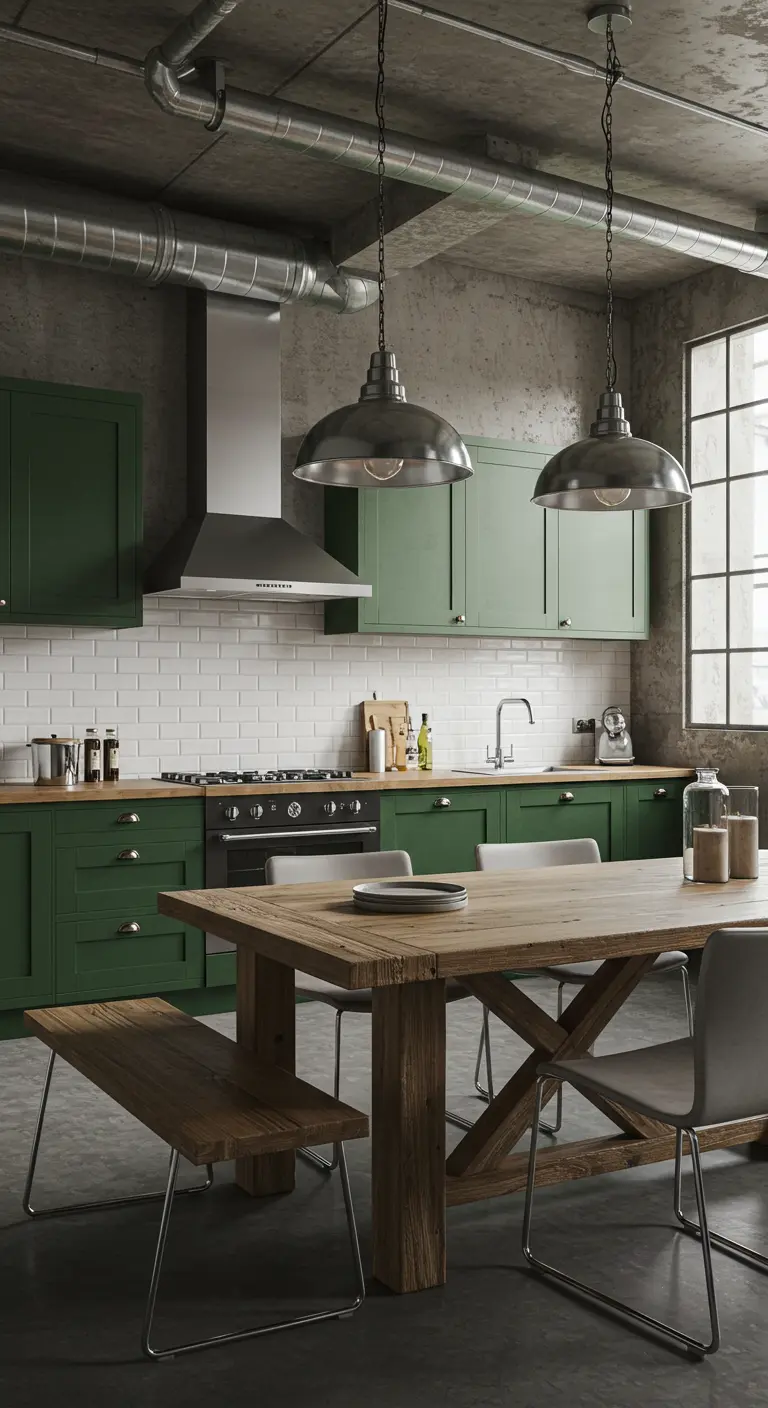 Matgroene kasten in industriële keuken met betonnen plafond en houten tafel.